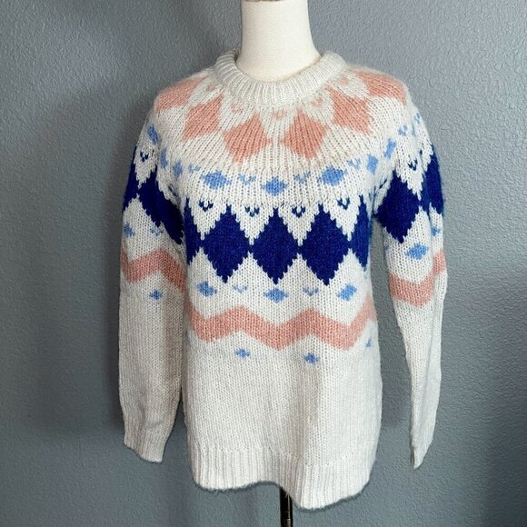 VERO MODA Fair Isle Nordic Sweater recycled materials - White Blue & Blush NWT S - Picture 1 of 10